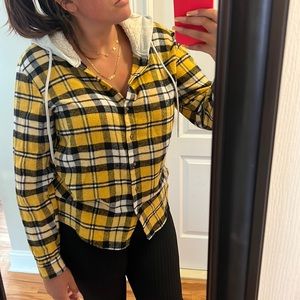 Flannel button up with fur hood